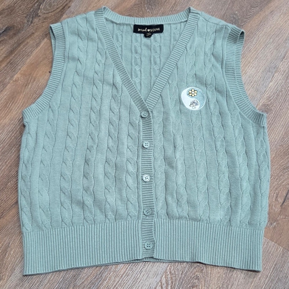Social Scene Sage Green Cable Knit Sweater Vest Yin Yang Mushroom Patch Large